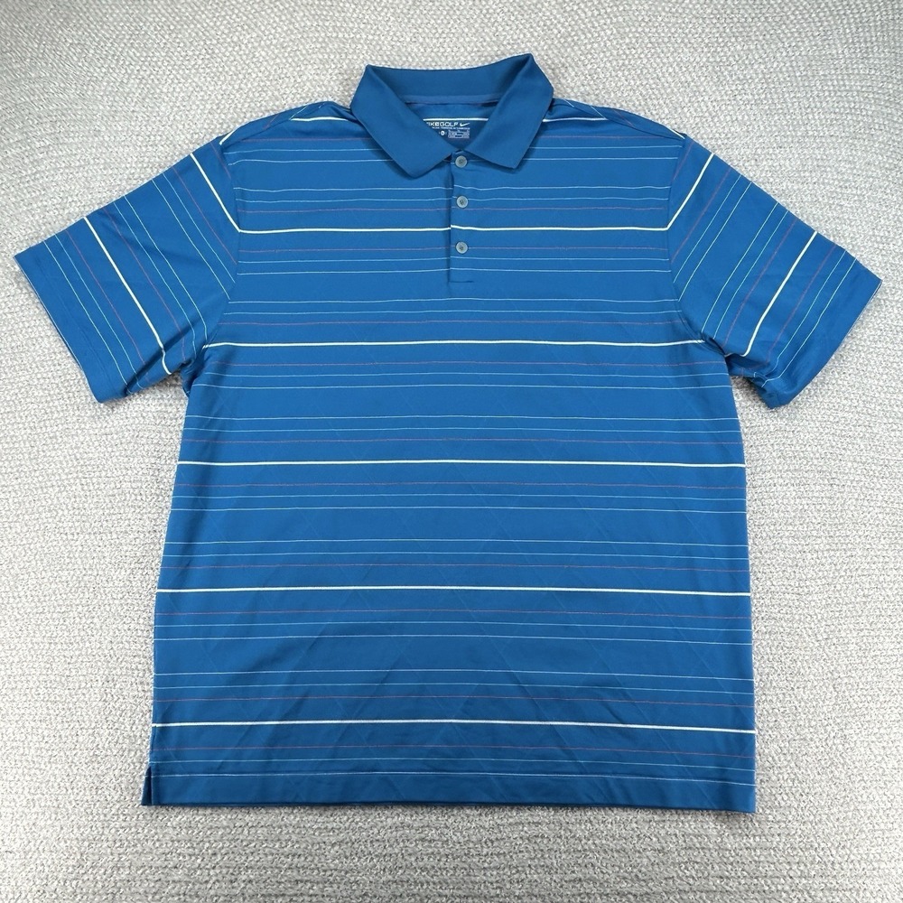 Nike Polo Shirt Mens XL Blue Striped Dr-Fit Golf Performance Stretch Preppy‎